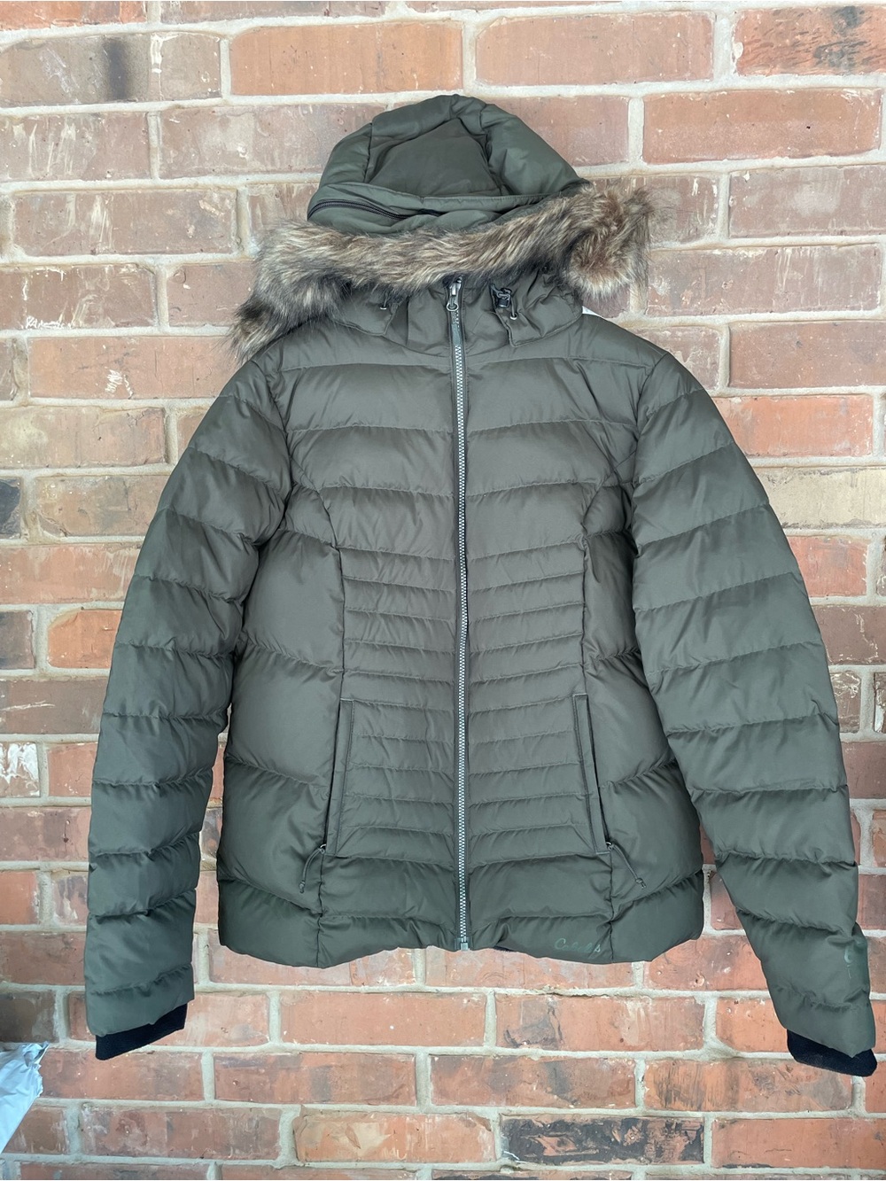 Cabela's Olive Quilted Women's Down Puffer Jacket with Faux Fur Trim Hood